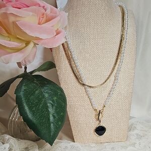 Gold & White Pearl Layered Necklace with Black Pendant